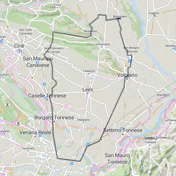Kartminiatyr av "Bosconero - Volpiano - San Francesco al Campo - Rivarossa" sykkelinspirasjon i Piemonte, Italy. Generert av Tarmacs.app sykkelrutoplanlegger