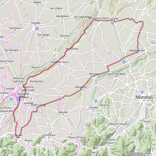Map miniature of "Boves to Magliano Alpi Gravel Adventure" cycling inspiration in Piemonte, Italy. Generated by Tarmacs.app cycling route planner