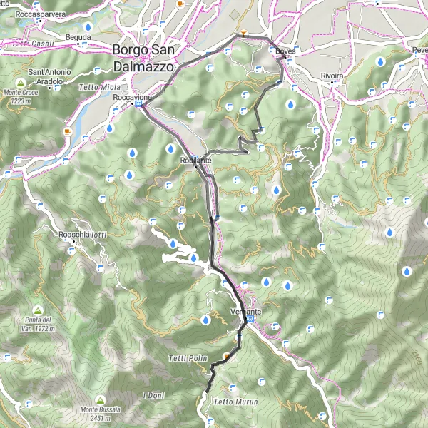 Map miniature of "Boves to Robilante Scenic Ride" cycling inspiration in Piemonte, Italy. Generated by Tarmacs.app cycling route planner