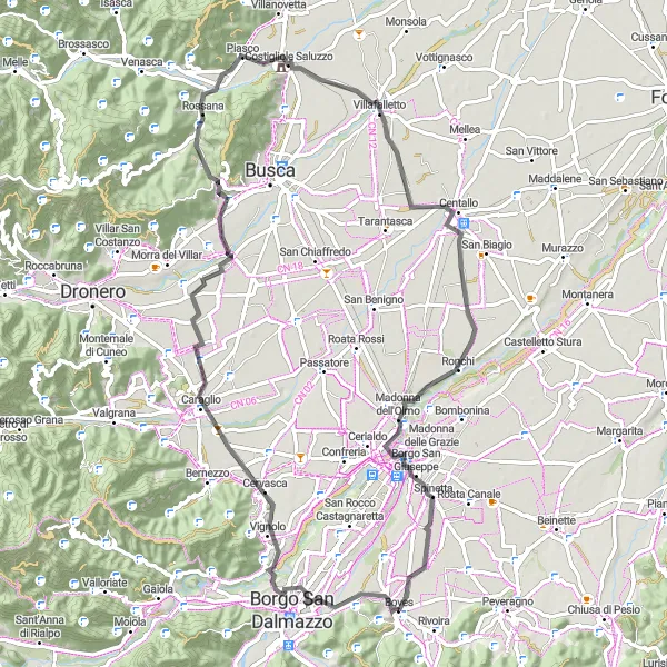 Zemljevid v pomanjšavi "Prijazna kolesarska pot skozi Piemonte" kolesarske inspiracije v Piemonte, Italy. Generirano z načrtovalcem kolesarskih poti Tarmacs.app