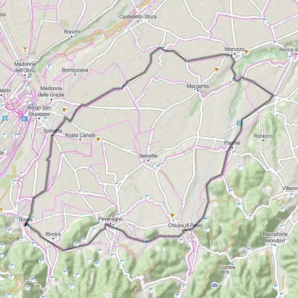 Map miniature of "Boves to Pianfei Scenic Ride" cycling inspiration in Piemonte, Italy. Generated by Tarmacs.app cycling route planner