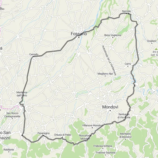 Map miniature of "Boves to Roccaforte Mondovì Scenic Route" cycling inspiration in Piemonte, Italy. Generated by Tarmacs.app cycling route planner