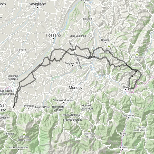 Miniatura della mappa di ispirazione al ciclismo "Grande Giro delle Langhe" nella regione di Piemonte, Italy. Generata da Tarmacs.app, pianificatore di rotte ciclistiche