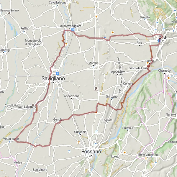 Miniaturekort af cykelinspirationen "Grusvejscykelrute fra Bra til Cavallermaggiore" i Piemonte, Italy. Genereret af Tarmacs.app cykelruteplanlægger