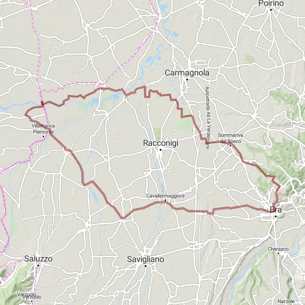 Map miniature of "Road to Moretta Castle" cycling inspiration in Piemonte, Italy. Generated by Tarmacs.app cycling route planner