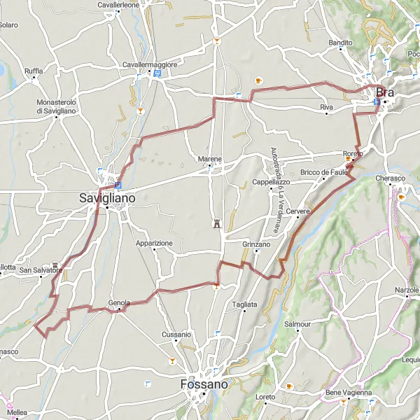 Kartminiatyr av "Bra - Roreto - Genola - La Zizzola - Campanile Chiesa di Sant'Andrea Vecchio" sykkelinspirasjon i Piemonte, Italy. Generert av Tarmacs.app sykkelrutoplanlegger