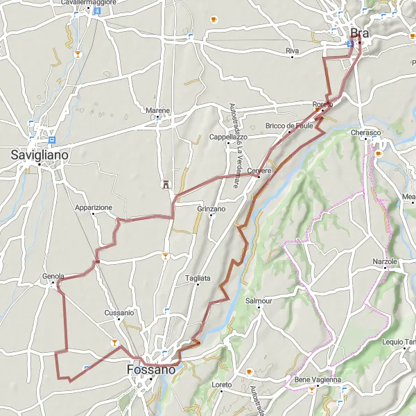 Miniatura della mappa di ispirazione al ciclismo "Giro in Gravel da Bra a La Zizzola" nella regione di Piemonte, Italy. Generata da Tarmacs.app, pianificatore di rotte ciclistiche