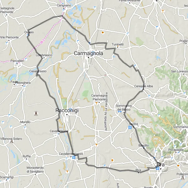 Miniatua del mapa de inspiración ciclista "Ruta de ciclismo de carretera cerca de Bra" en Piemonte, Italy. Generado por Tarmacs.app planificador de rutas ciclistas