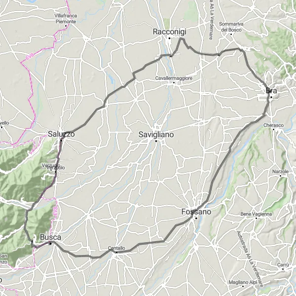 Mapa miniatúra "Cyklotrasa do okolia Bra" cyklistická inšpirácia v Piemonte, Italy. Vygenerované cyklistickým plánovačom trás Tarmacs.app