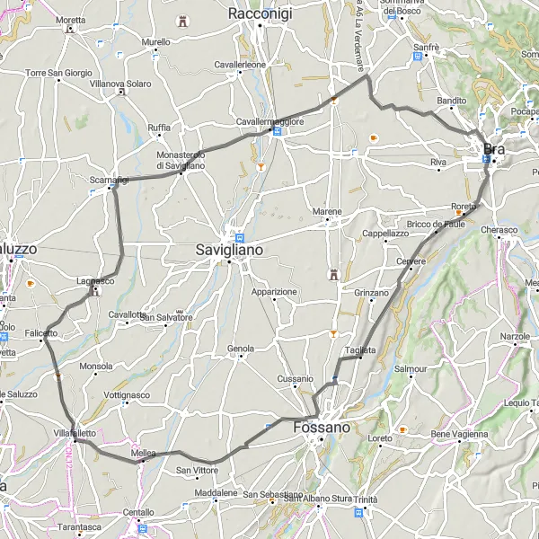 Miniatua del mapa de inspiración ciclista "Ruta panorámica de 84 km en bicicleta de carretera cerca de Bra" en Piemonte, Italy. Generado por Tarmacs.app planificador de rutas ciclistas
