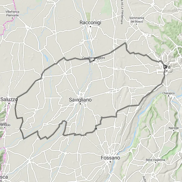 Map miniature of "Bra to Cavallermaggiore Scenic Route" cycling inspiration in Piemonte, Italy. Generated by Tarmacs.app cycling route planner