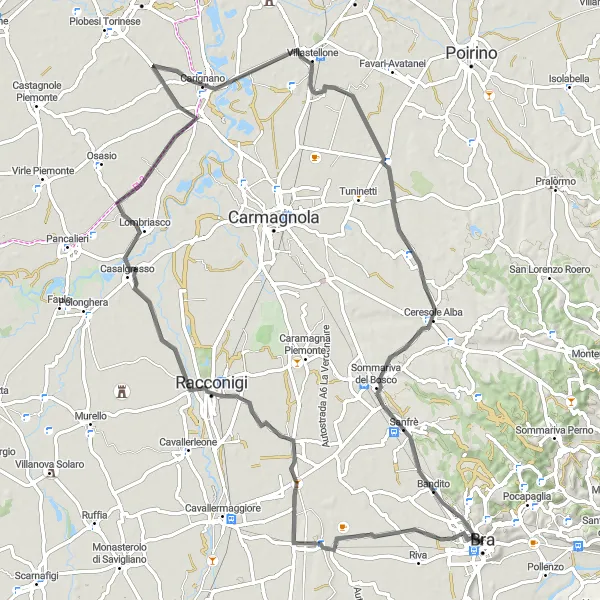 Miniaturní mapa "Okruh kolem Bra" inspirace pro cyklisty v oblasti Piemonte, Italy. Vytvořeno pomocí plánovače tras Tarmacs.app