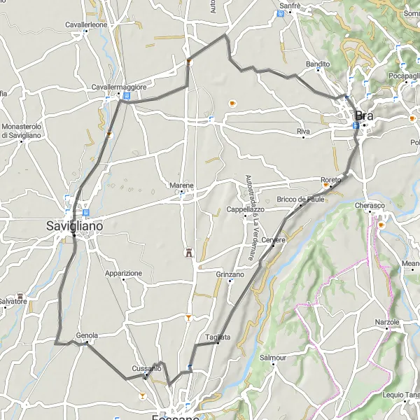 Zemljevid v pomanjšavi "Cycling around Bra and beyond" kolesarske inspiracije v Piemonte, Italy. Generirano z načrtovalcem kolesarskih poti Tarmacs.app