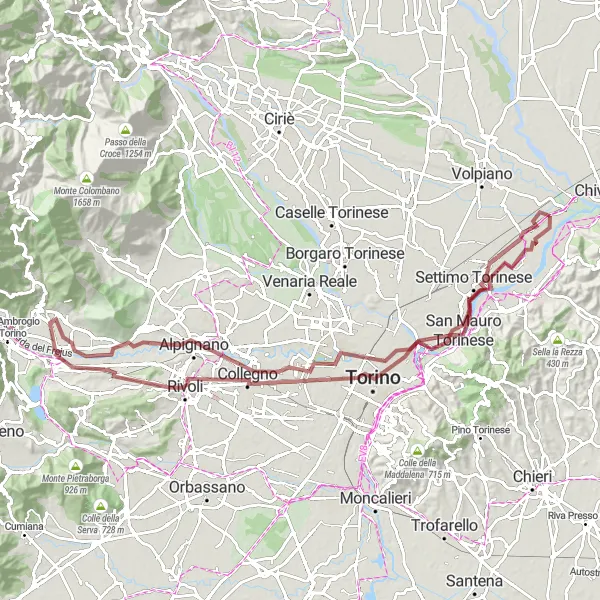 Karttaminiaatyyri "Pyöräilyseikkailu Turinin ympäristössä" pyöräilyinspiraatiosta alueella Piemonte, Italy. Luotu Tarmacs.app pyöräilyreittisuunnittelijalla