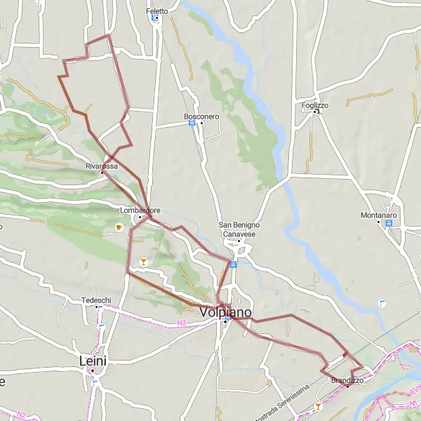 Miniatuurkaart van de fietsinspiratie "Gravelroute van Brandizzo naar San Benigno Canavese en Rivarossa" in Piemonte, Italy. Gemaakt door de Tarmacs.app fietsrouteplanner