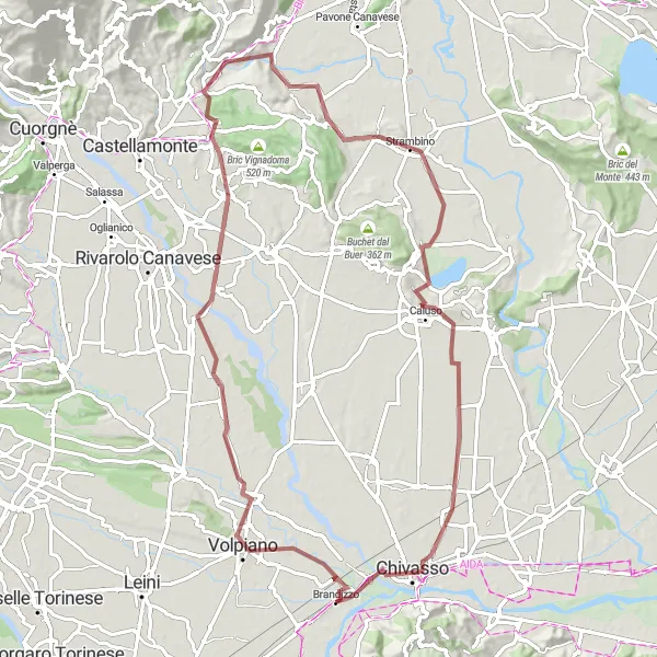 Karttaminiaatyyri "Brandizzosta Chivassoon Gravel-tiellä" pyöräilyinspiraatiosta alueella Piemonte, Italy. Luotu Tarmacs.app pyöräilyreittisuunnittelijalla