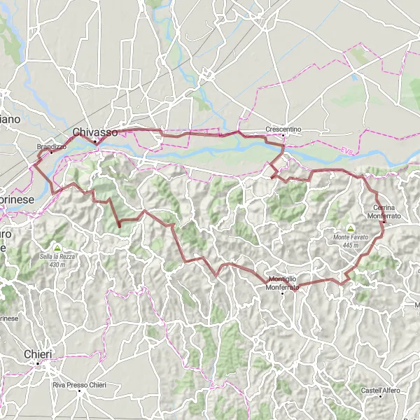 Map miniature of "Gravel Adventure through Verolengo and Montiglio Monferrato" cycling inspiration in Piemonte, Italy. Generated by Tarmacs.app cycling route planner