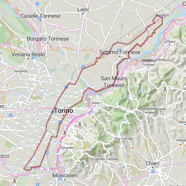Map miniature of "Cultural Gravel Tour of San Mauro Torinese and Turin" cycling inspiration in Piemonte, Italy. Generated by Tarmacs.app cycling route planner