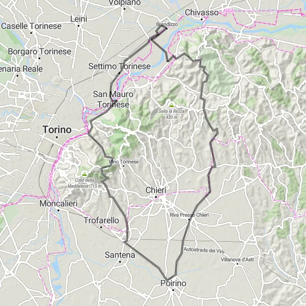 Map miniature of "The Bric del Vaj Loop" cycling inspiration in Piemonte, Italy. Generated by Tarmacs.app cycling route planner