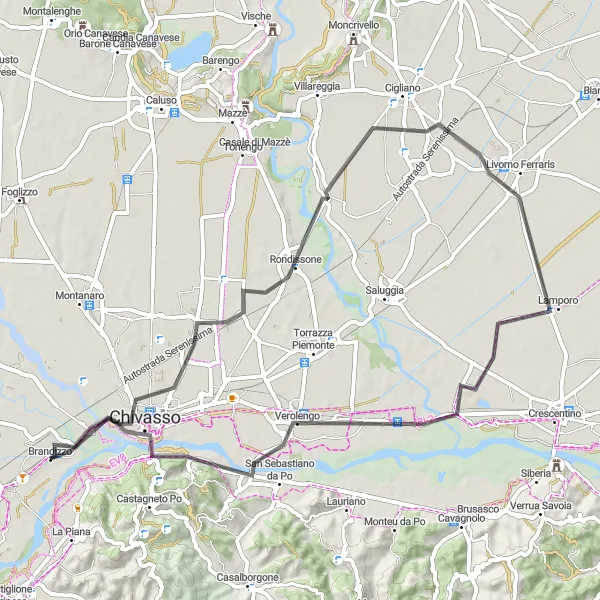 Map miniature of "The Verolengo Tour" cycling inspiration in Piemonte, Italy. Generated by Tarmacs.app cycling route planner