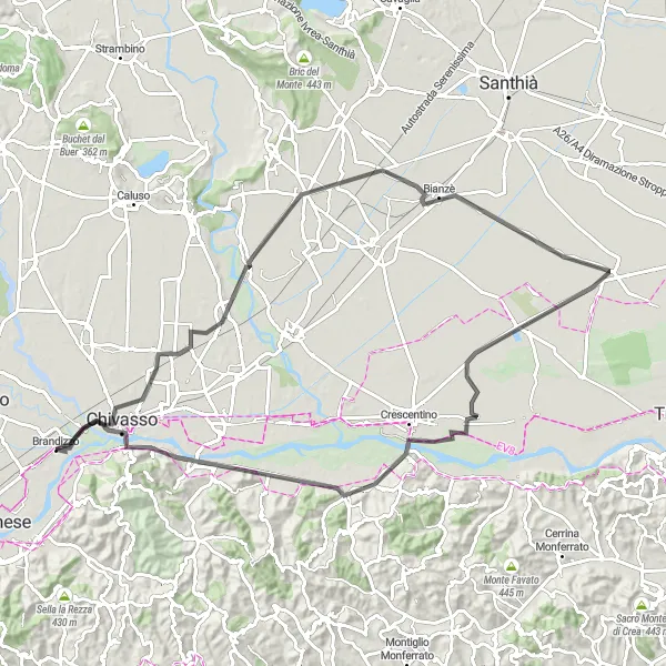 Zemljevid v pomanjšavi "Kolesarska pot okoli Brandizza" kolesarske inspiracije v Piemonte, Italy. Generirano z načrtovalcem kolesarskih poti Tarmacs.app