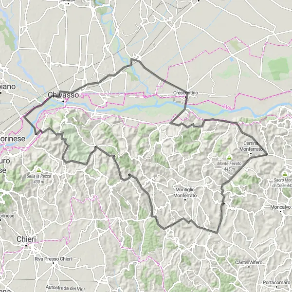 Kartminiatyr av "Chivasso til Casalborgone Rundtur" sykkelinspirasjon i Piemonte, Italy. Generert av Tarmacs.app sykkelrutoplanlegger