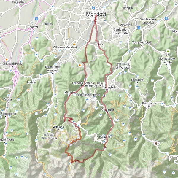 Miniaturekort af cykelinspirationen "Gravelrute til Prato Nevoso og Mondovì" i Piemonte, Italy. Genereret af Tarmacs.app cykelruteplanlægger