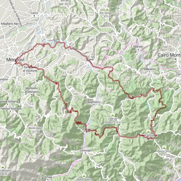 Miniatua del mapa de inspiración ciclista "Ruta de grava a Vicoforte y Altipiano" en Piemonte, Italy. Generado por Tarmacs.app planificador de rutas ciclistas