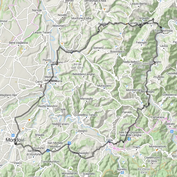Miniatua del mapa de inspiración ciclista "Ruta de ciclismo de carretera Breo-Ceva-Breo" en Piemonte, Italy. Generado por Tarmacs.app planificador de rutas ciclistas