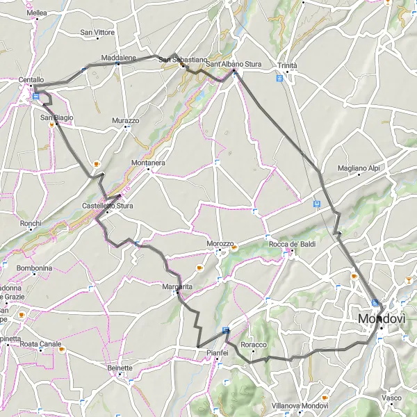 Zemljevid v pomanjšavi "Kolesarska pot Roracco - San Sebastiano" kolesarske inspiracije v Piemonte, Italy. Generirano z načrtovalcem kolesarskih poti Tarmacs.app