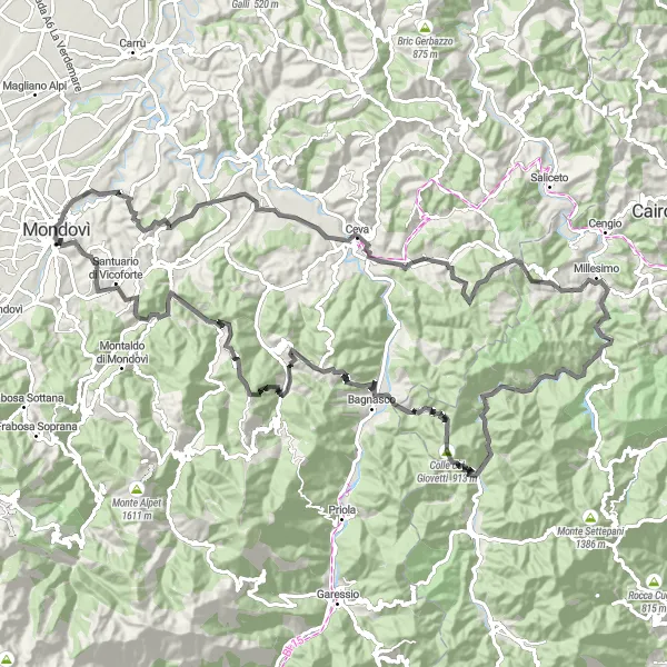 Miniatua del mapa de inspiración ciclista "Ruta de ciclismo de carretera Breo-Torre Mondovì-Breo" en Piemonte, Italy. Generado por Tarmacs.app planificador de rutas ciclistas