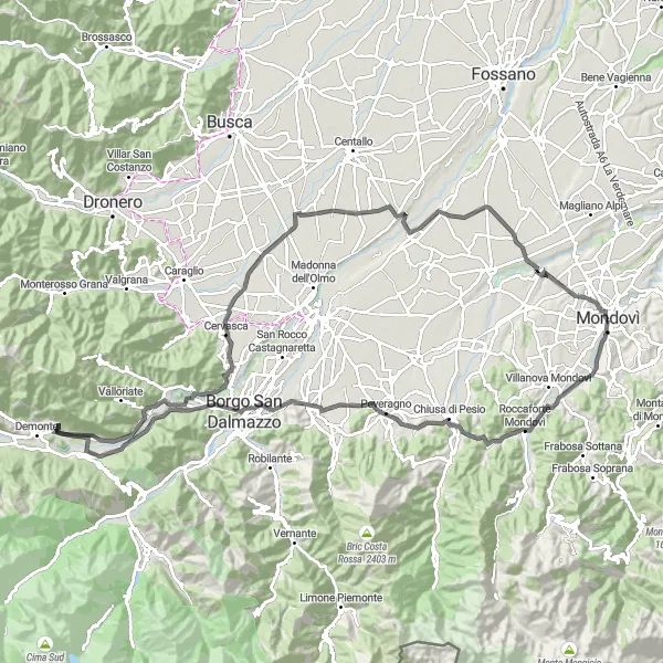 Miniatura della mappa di ispirazione al ciclismo "Avventura ciclistica tra Roccaforte Mondovì e l'Altipiano" nella regione di Piemonte, Italy. Generata da Tarmacs.app, pianificatore di rotte ciclistiche