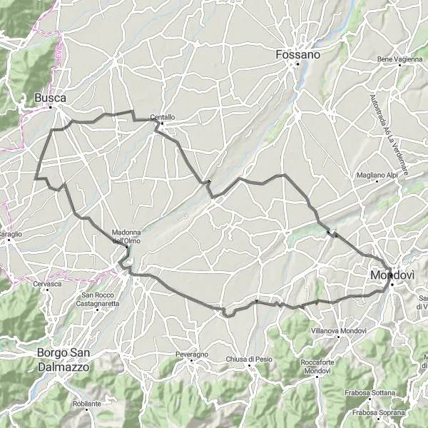 Mapa miniatúra "Okruh cez Pianfei, Centallo a Montanera" cyklistická inšpirácia v Piemonte, Italy. Vygenerované cyklistickým plánovačom trás Tarmacs.app