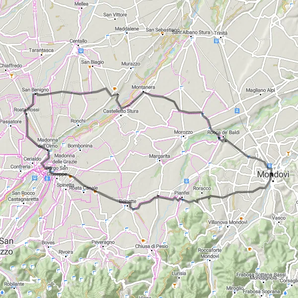 Miniatua del mapa de inspiración ciclista "Ruta de ciclismo por las colinas de Piemonte" en Piemonte, Italy. Generado por Tarmacs.app planificador de rutas ciclistas