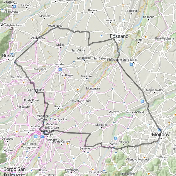 Mapa miniatúra "Cyklotrasa na ceste s výstupom 533m a vzdialenosťou 93 km" cyklistická inšpirácia v Piemonte, Italy. Vygenerované cyklistickým plánovačom trás Tarmacs.app
