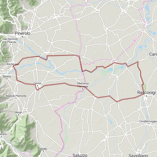 Zemljevid v pomanjšavi "Gravelna dogodivščina okoli Bricherasia" kolesarske inspiracije v Piemonte, Italy. Generirano z načrtovalcem kolesarskih poti Tarmacs.app