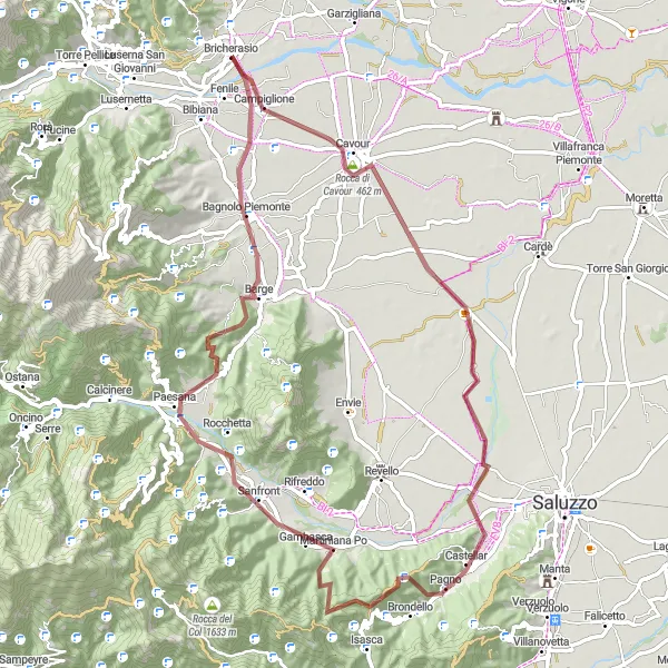 Miniatura della mappa di ispirazione al ciclismo "Cavour e Castellar in sella alla gravel" nella regione di Piemonte, Italy. Generata da Tarmacs.app, pianificatore di rotte ciclistiche