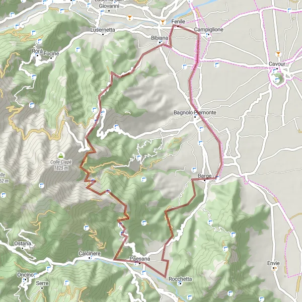 Kartminiatyr av "Grunneste gravelopplevelse i Piemonte" sykkelinspirasjon i Piemonte, Italy. Generert av Tarmacs.app sykkelrutoplanlegger