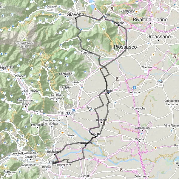 Miniaturekort af cykelinspirationen "Garzigliana til Bricherasio cykelrute" i Piemonte, Italy. Genereret af Tarmacs.app cykelruteplanlægger
