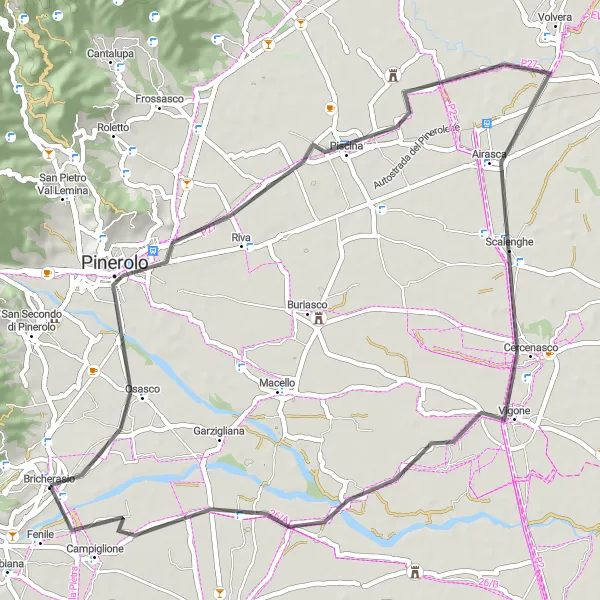 Kartminiatyr av "Oppdag Pinerolos skjulte skatter" sykkelinspirasjon i Piemonte, Italy. Generert av Tarmacs.app sykkelrutoplanlegger