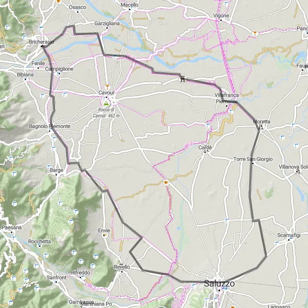 Miniatuurkaart van de fietsinspiratie "Bergachtige Tocht naar Saluzzo en Campiglione" in Piemonte, Italy. Gemaakt door de Tarmacs.app fietsrouteplanner