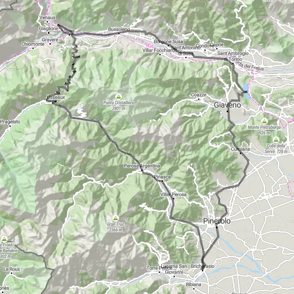 Miniatura della mappa di ispirazione al ciclismo "Grand Tour delle Alpi Cozie" nella regione di Piemonte, Italy. Generata da Tarmacs.app, pianificatore di rotte ciclistiche