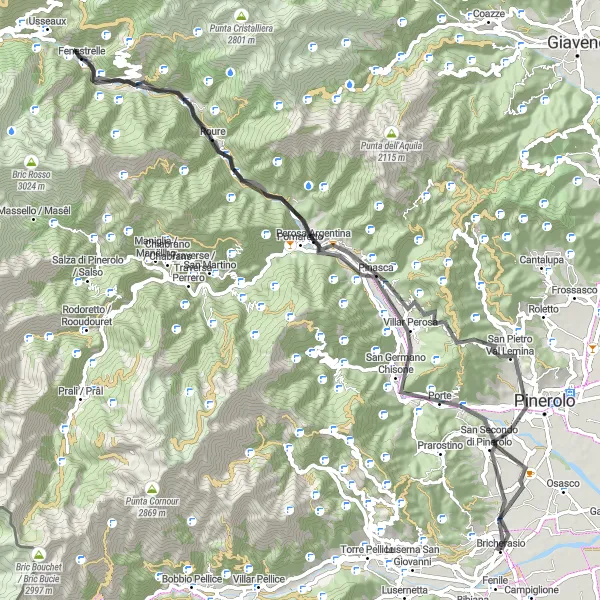 Map miniature of "Scenic Hill Climbs and Mountain Passes" cycling inspiration in Piemonte, Italy. Generated by Tarmacs.app cycling route planner
