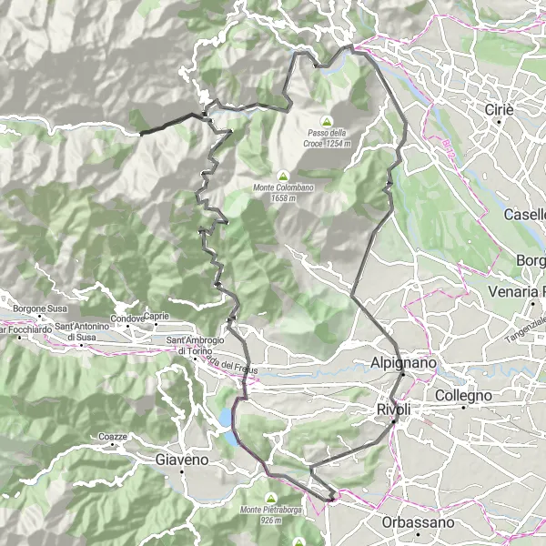 Map miniature of "Scenic Road Cycling from Bruino to Givoletto" cycling inspiration in Piemonte, Italy. Generated by Tarmacs.app cycling route planner