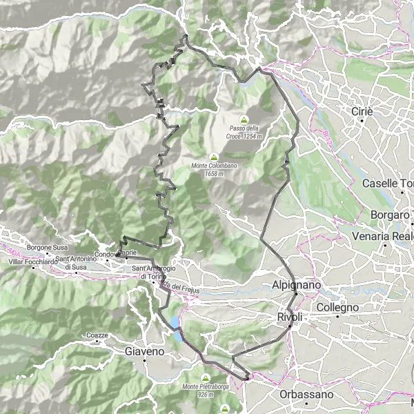 Miniatuurkaart van de fietsinspiratie "Rondrit rond Bruino: Uitdagende Wegen" in Piemonte, Italy. Gemaakt door de Tarmacs.app fietsrouteplanner