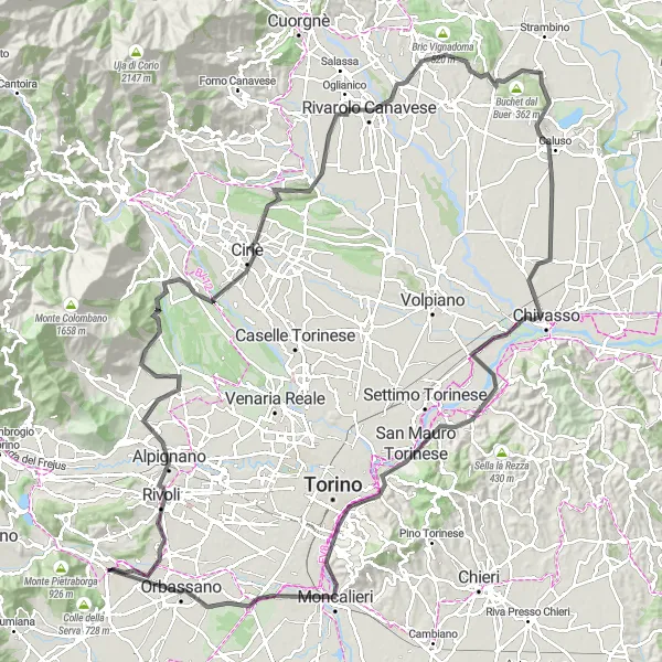Mapa miniatúra "Cyklistický okruh cez Rivoli a Monte Castello" cyklistická inšpirácia v Piemonte, Italy. Vygenerované cyklistickým plánovačom trás Tarmacs.app