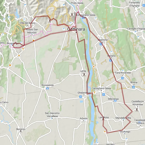 Miniatura della mappa di ispirazione al ciclismo "Tour in bicicletta gravel Gattinara-Romagnano Sesia" nella regione di Piemonte, Italy. Generata da Tarmacs.app, pianificatore di rotte ciclistiche