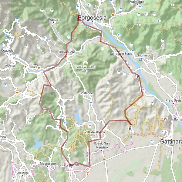 Mapa miniatúra "Skvelá gravel cestovná trasa v okolí Brusnenga" cyklistická inšpirácia v Piemonte, Italy. Vygenerované cyklistickým plánovačom trás Tarmacs.app