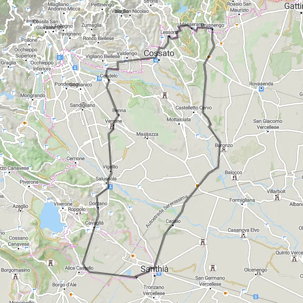 Miniature de la carte de l'inspiration cycliste "Les collines de Biella" dans la Piemonte, Italy. Générée par le planificateur d'itinéraire cycliste Tarmacs.app