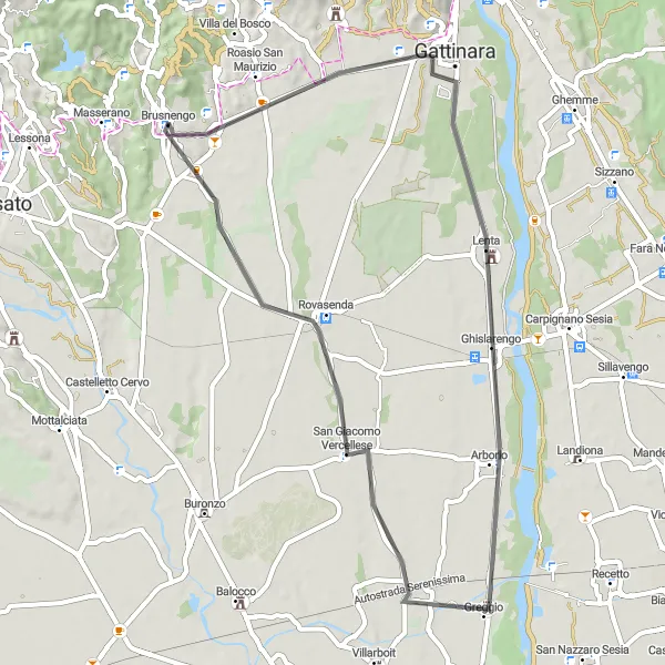 Kartminiatyr av "Brusnengo-Gattinara-Lenta-San Giacomo Vercellese" cykelinspiration i Piemonte, Italy. Genererad av Tarmacs.app cykelruttplanerare